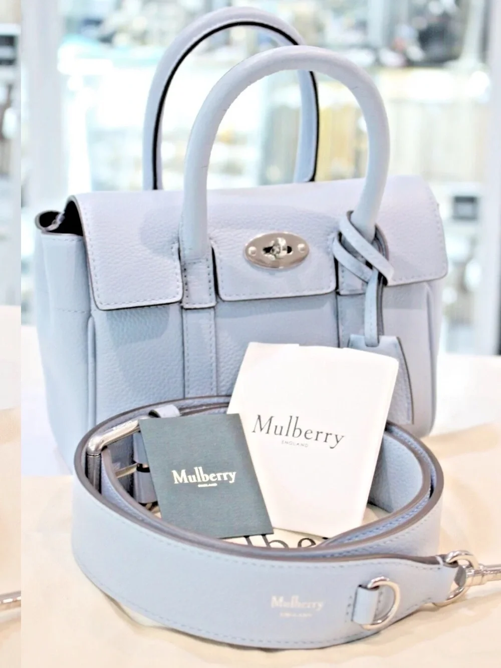 Mulberry Light Blue Leather Top-Handle Satchel with Detachable Strap